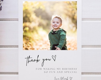 Editable 1st First Birthday Thank You Card Canva Template, Modern Minimalist Digital Thank You Card for Girl And Boy Birthdays PNG