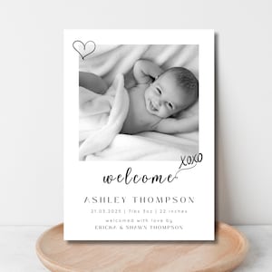 Plantilla de Canva para tarjetas de anuncio de nacimiento editables, plantilla de Canva para tarjeta de anuncio de bebé con foto, recién nacido, bienvenida, diseño minimalista