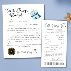 May include: A Tooth Fairy letter and receipt set. The letter reads "Dear Ashley, Congratulations on losing your tooth!" The receipt includes the name, age, location, and payment amount. The text "Editable Tooth Fairy Letter & Receipt" is at the bottom.