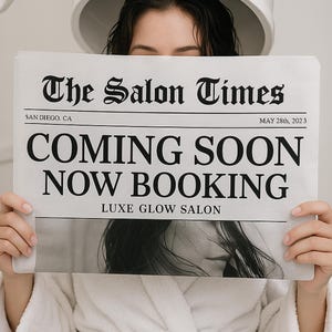 Now Booking Salon Announcement Template Canva | Coming Soon Hair Stylist Launch Sign | Editable Beauty Business Grand Opening Poster