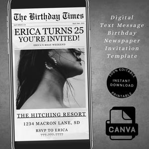 Digital Birthday Newspaper Invitation Canva Template, Editable Text Message BDay Announcement Template, Birthday Itinerary, Birthday Flyers