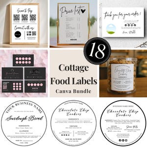 May include: A digital bundle of cottage food labels and business signage templates featuring minimalist black and white designs, including QR code payment signs, price lists, thank you cards, loyalty cards, and circular product labels.