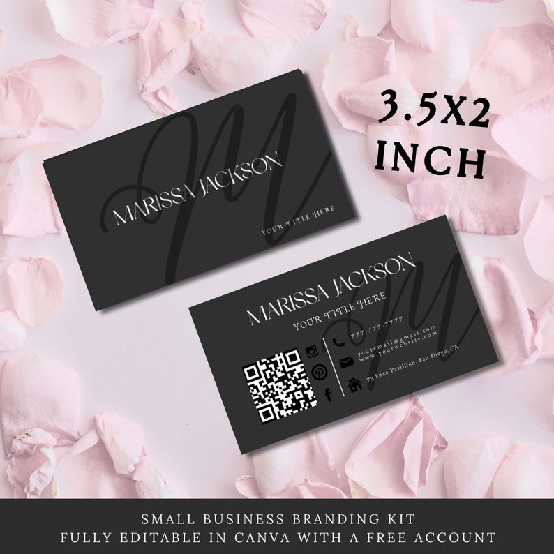 May include: Two black and white business cards with the name Marissa Jackson and the text 'Your Title Here'. The cards also include a QR code, phone number, email address, website address, and physical address. The text '3.5x2 inch' is displayed above the cards. The cards are on a background of pink flower petals.