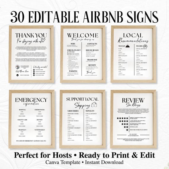 Airbnb Signs Bundle, 30 Editable Canva Templates, WiFi Sign, Checkout Instructions, House Rules, Vacation Rental Signs