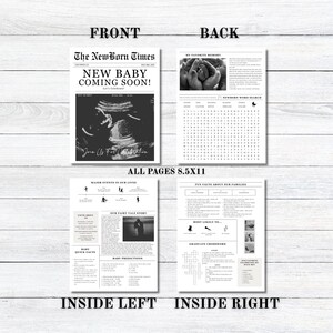 Könnte beinhalten: Eine schwarz-weiße Zeitungsannonce für ein neues Baby, das bald kommt. Die Titelseite zeigt ein Ultraschallbild und die Schlagzeile "Neues Baby kommt bald!" Die Rückseite enthält ein Wortsuchrätsel und einen Abschnitt für "Meine schönste Erinnerung".