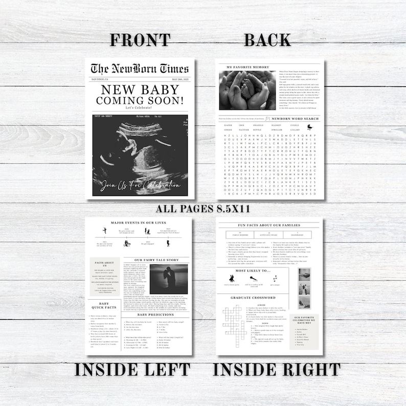 Puede incluir: Un anuncio de estilo peri&oacute;dico en blanco y negro para un nuevo beb&eacute; que llega pronto. La portada presenta una imagen de ecograf&iacute;a y el titular "&iexcl;Nuevo beb&eacute; en camino!" La contraportada incluye un crucigrama de palabras y una secci&oacute;n para "Mi recuerdo favorito".