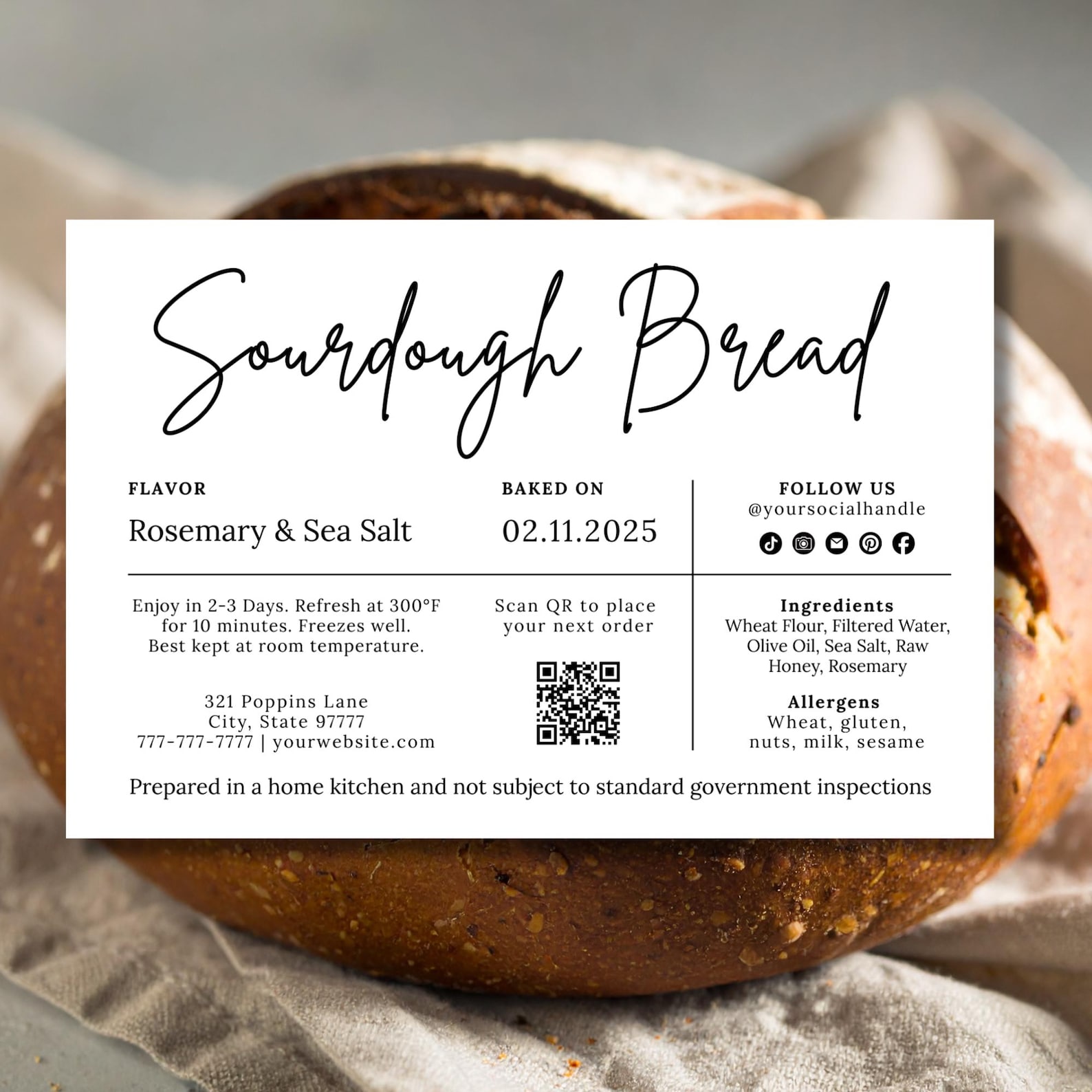 Editable Sourdough Bread Label Template, 6x4 Cottage Food Label, Canva ...