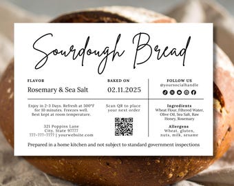 Plantilla editable para etiqueta de pan de masa madre, etiqueta de comida casera de 6x4, inserto de panadería Canva, tarjeta de ingredientes con código QR
