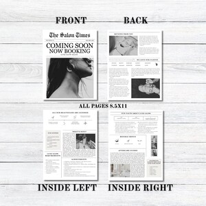 May include: A black and white newspaper-style advertisement for Luxe Glow Salon. The front page reads "COMING SOON NOW BOOKING." The pages are 8.5x11 inches. The advertisement includes images and text about the salon.