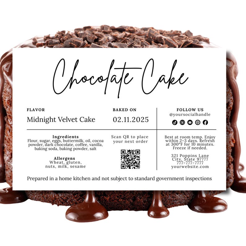 Editable Cake Care Card Label Template, 6x4 Cottage Food Label, Canva ...