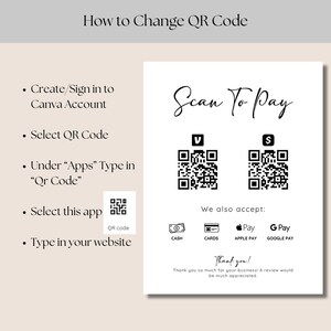 May include: A white and black sign with the text "Scan To Pay" and two QR codes. The sign also includes the text "We also accept:" and lists payment methods including cash, cards, Apple Pay, and Google Pay. The sign also includes the text "Thank you!" and "Thank you so much for your business! A review would be much appreciated."