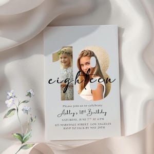 May include: A white invitation card with the word "eighteen" in a script font. The card includes two photos and the text "Please join us to celebrate Ashley's 18th Birthday". Additional details include the date, time, and location.