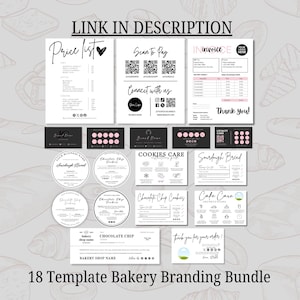 Puede incluir: Un conjunto de 18 plantillas de marca para panader&iacute;a, en blanco y negro con acentos rosas. Incluye listas de precios, facturas, tarjetas de visita y etiquetas. El texto incluye "Chocolate Chip Cookies" y "Thank you for your order!"