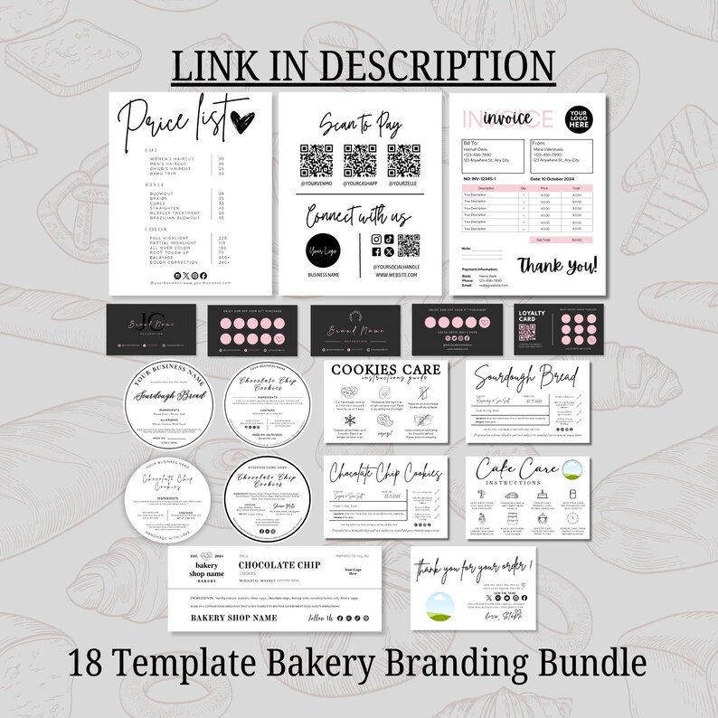 Puede incluir: Un conjunto de 18 plantillas de marca para panader&iacute;a, en blanco y negro con acentos rosas. Incluye listas de precios, facturas, tarjetas de visita y etiquetas. El texto incluye "Chocolate Chip Cookies" y "Thank you for your order!"