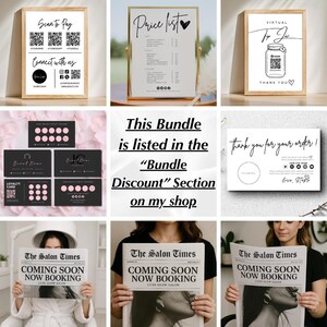 May include: A collection of marketing materials, including framed signs with QR codes for payment and social media, a price list, and a virtual tip jar. Also included are business cards, loyalty cards, and newspapers with the text "Coming Soon Now Booking."