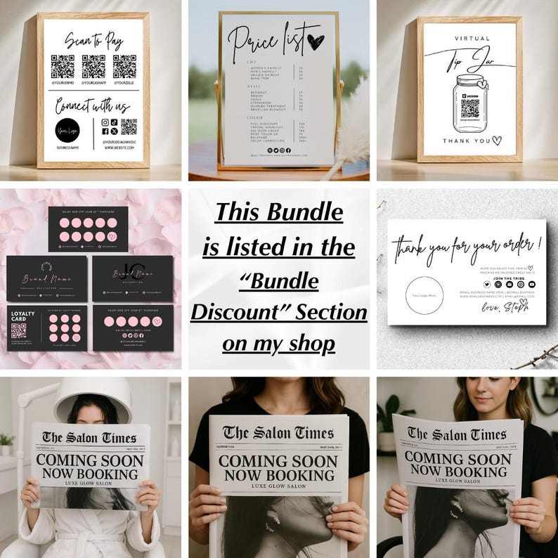 May include: A collection of marketing materials, including framed signs with QR codes for payment and social media, a price list, and a virtual tip jar. Also included are business cards, loyalty cards, and newspapers with the text "Coming Soon Now Booking."