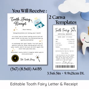 Puede incluir: Dos plantillas de Canva para una carta y un recibo del Hada de los Dientes. La carta es de tama&ntilde;o 12,7x17,8 cm o 21,6x27,9 cm, y el recibo es de 8,9x16,5 cm. La carta est&aacute; dirigida a Ashley y la felicita por perder un diente.