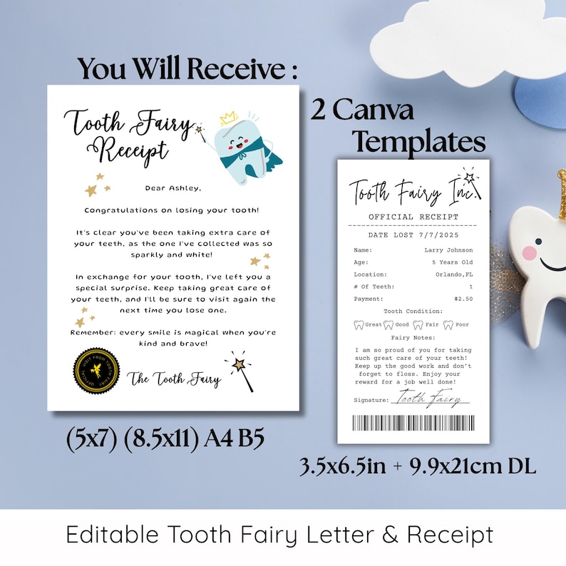 Puede incluir: Dos plantillas de Canva para una carta y un recibo del Hada de los Dientes. La carta es de tama&ntilde;o 12,7x17,8 cm o 21,6x27,9 cm, y el recibo es de 8,9x16,5 cm. La carta est&aacute; dirigida a Ashley y la felicita por perder un diente.
