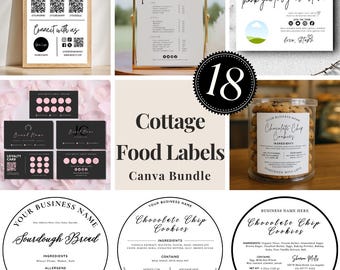 May include: A digital bundle of cottage food labels and business templates featuring various designs including QR code payment signs, price lists, thank you cards, loyalty cards, and circular product labels for cookies and sourdough bread.