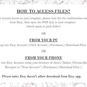Puede incluir: Fondo blanco con texto que explica c&oacute;mo acceder a los archivos despu&eacute;s de la compra. Las instrucciones incluyen verificar el correo electr&oacute;nico de confirmaci&oacute;n, descargar desde una PC y descargar desde un tel&eacute;fono.
