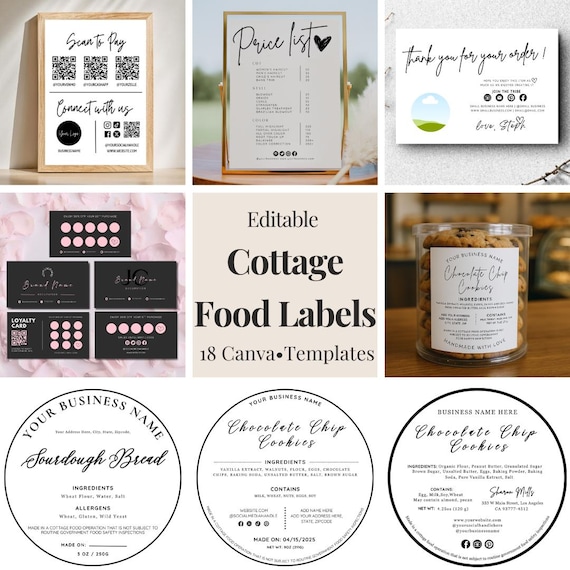 Editable Cottage Food Labels Bundle Canva Templates | Cottage Law Labels | QR Code Sign Price List Loyalty Cards Packaging Sticker PDF PNG