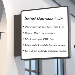 Op de afbeelding: Een wit rechthoekig bord met een zwarte rand toont de tekst "Instant Download PDF". Opsommingstekens beschrijven het downloadproces: downloaden van Etsy, PDF openen, op link klikken, sjabloon bewerken en aanpassen. Het bord is gemonteerd op een donkergrijze beugel.