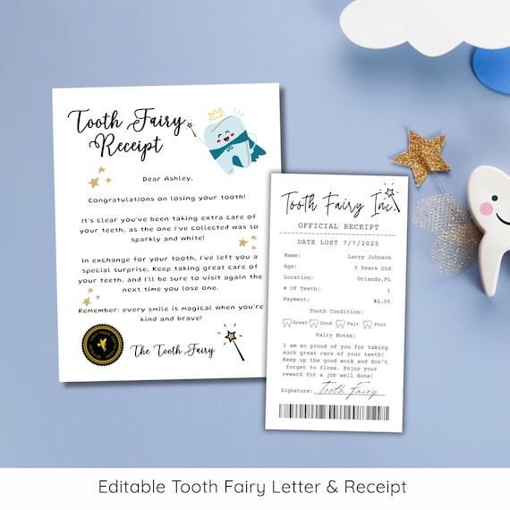 Tooth Fairy Letter & Receipt Printable | Editable Tooth Fairy Kit | First Tooth Certificate | Canva Template | Lost Tooth Letter | A4 B5