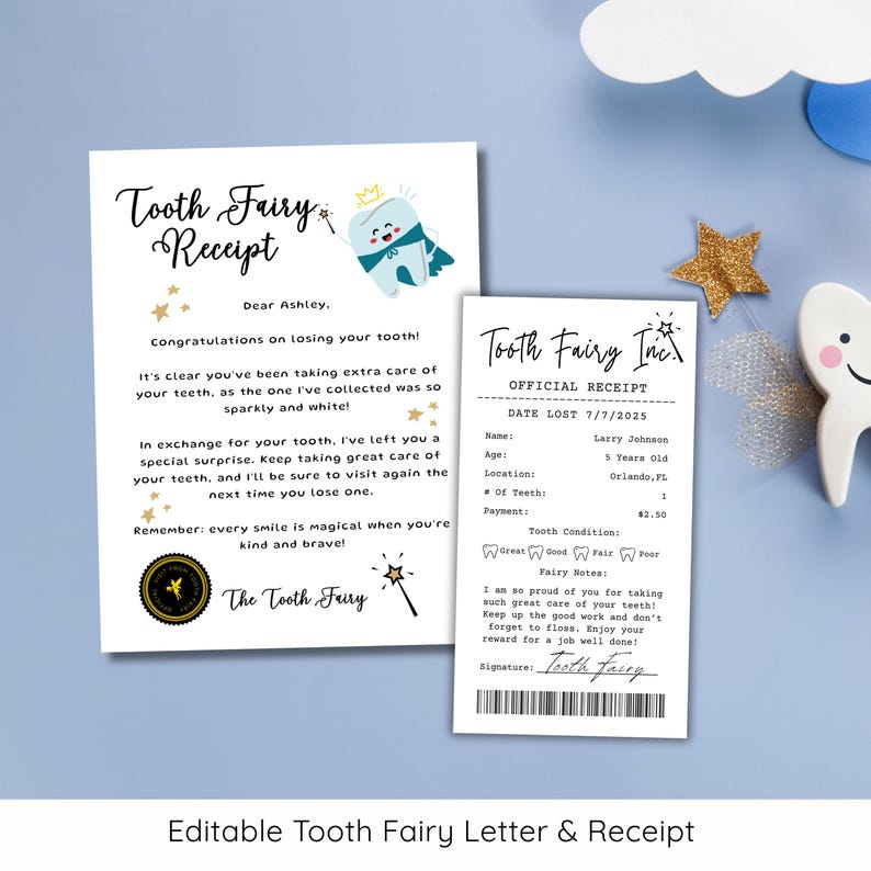 May include: A Tooth Fairy receipt and letter set. The letter is white with black text, featuring a Tooth Fairy illustration. The receipt is also white with black text, detailing date lost, name, age, location, and payment. The set is designed for children.
