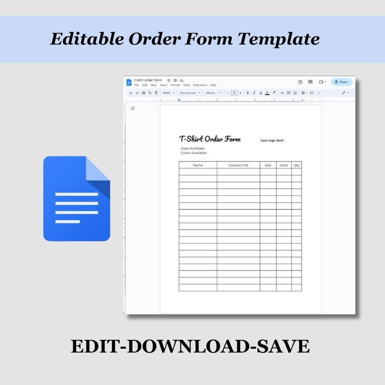 Editable Tshirt Order Form Template | Printable Google Docs Custom Shirt Order Fundraiser Form Shirt Order Form Order Form File Shirt Orders image 2
