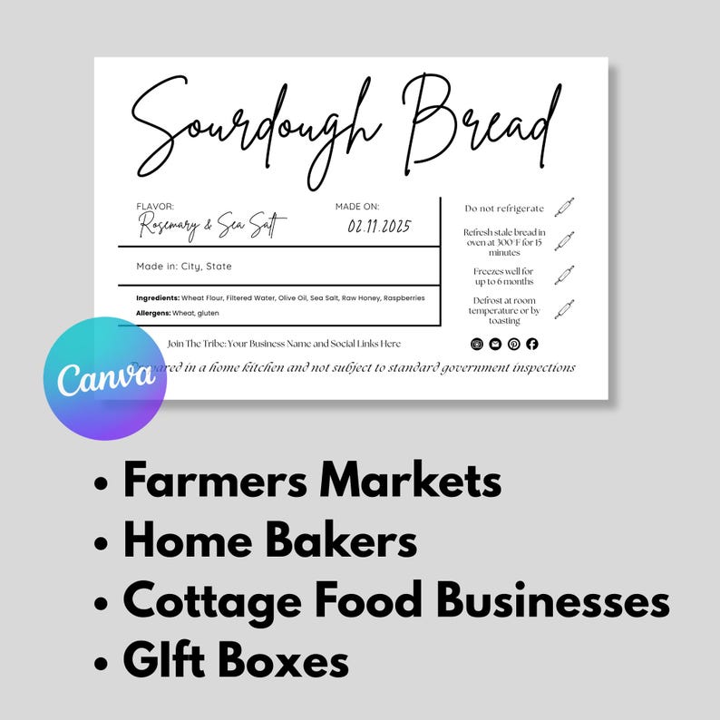 Puede incluir: Un letrero rectangular blanco con las palabras "Sourdough Bread" en escritura elegante. El letrero incluye informaci&oacute;n sobre el sabor, los ingredientes y los al&eacute;rgenos. Debajo, vi&ntilde;etas enumeran "Farmers Markets", "Home Bakers", "Cottage Food Businesses" y "Gift Boxes".