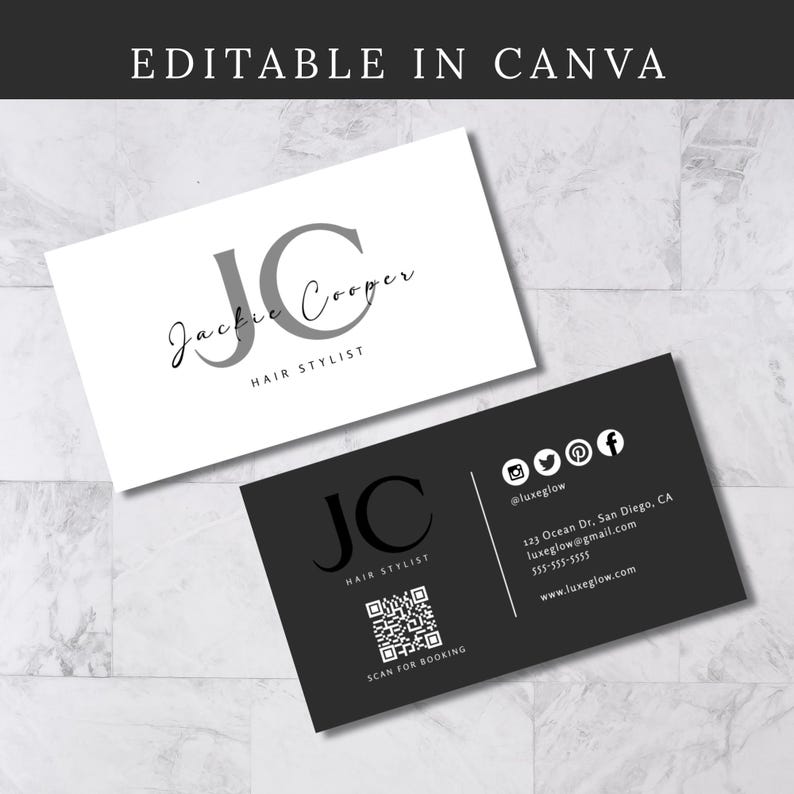 May include: Two business cards, one white and one black, with a minimalist design. The white card features the text "JC Jackie Cooper HAIR STYLIST". The black card includes a QR code and social media icons, with the text "JC HAIR STYLIST".