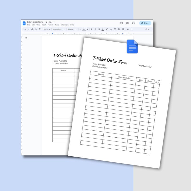Editable Tshirt Order Form Template | Printable Google Docs Custom Shirt Order Fundraiser Form Shirt Order Form Order Form File Shirt Orders image 1