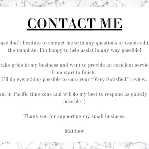 Puede incluir: Fondo blanco con detalles florales y el texto "CONTACTA CONMIGO" en letras negras en negrita. El texto a continuaci&oacute;n proporciona informaci&oacute;n de contacto, asegura un excelente servicio y agradece al cliente. Firmado por Matthew.
