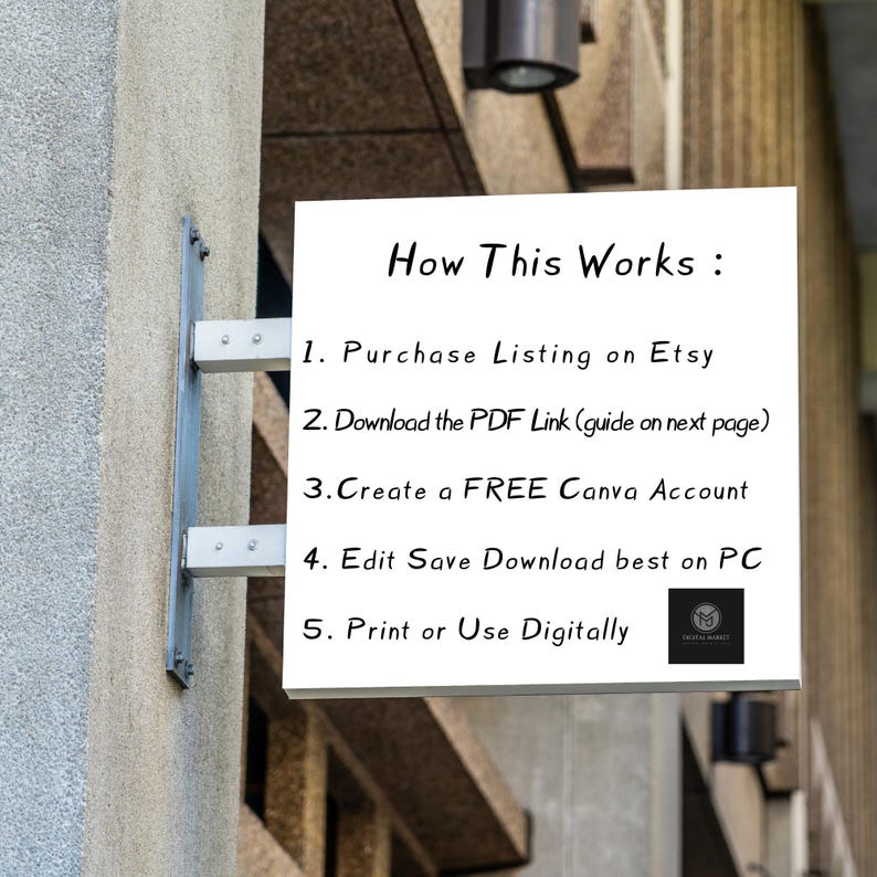 May include: White sign with black text explaining how to use a digital product. The text reads: "How This Works: 1. Purchase Listing on Etsy 2. Download the PDF Link (guide on next page) 3. Create a FREE Canva Account 4. Edit Save Download best on PC 5. Print or Use Digitally"