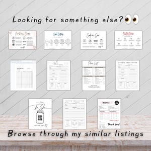 May include: A collage of printable digital files for a bakery business. The files include a price list, order forms, and care instructions for cookies and cakes. The text "Looking for something else?" is at the top of the image.