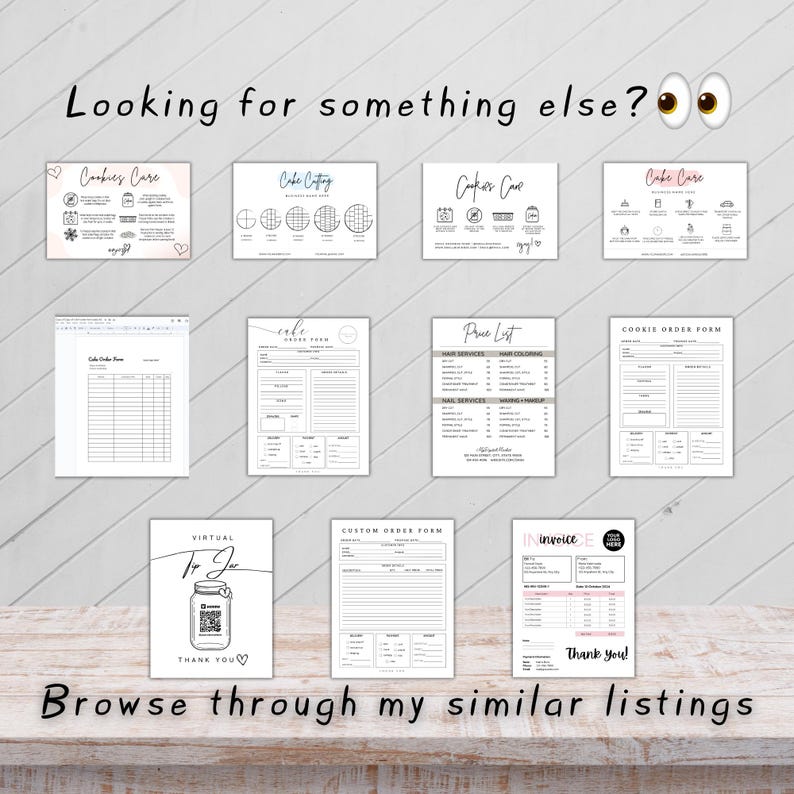 May include: A collage of printable digital files for a bakery business. The files include a price list, order forms, and care instructions for cookies and cakes. The text "Looking for something else?" is at the top of the image.