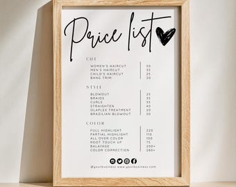 May include: A framed price list with a wooden frame. The text "Price list" is written in a cursive font, with a black heart symbol. The list includes prices for haircuts, styling, and color treatments.