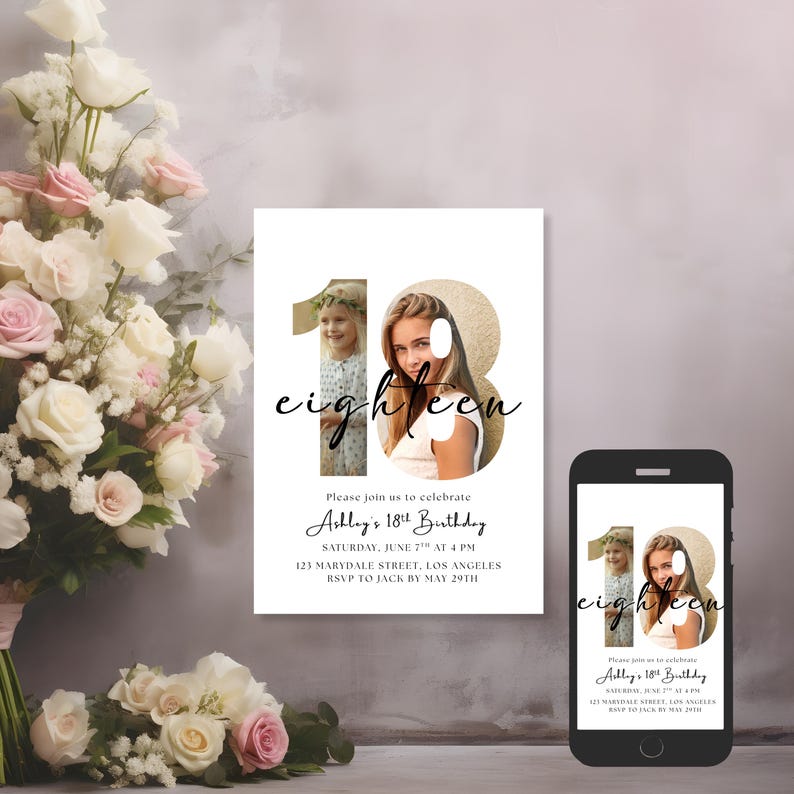 May include: An 18th birthday invitation with a photo of a young woman inside the number 18. The word "eighteen" is written in cursive. The invitation includes the event details: date, time, location, and RSVP information. A smartphone displays the same invitation.