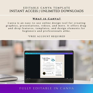 Puede incluir: Una computadora port&aacute;til muestra una plantilla de Canva para un recibo del Hada de los Dientes. La pantalla muestra el texto "Tooth Fairy Receipt" y otros detalles. La imagen tambi&eacute;n incluye el texto "EDITABLE CANVA TEMPLATE" y "INSTANT ACCESS | UNLIMITED DOWNLOADS".
