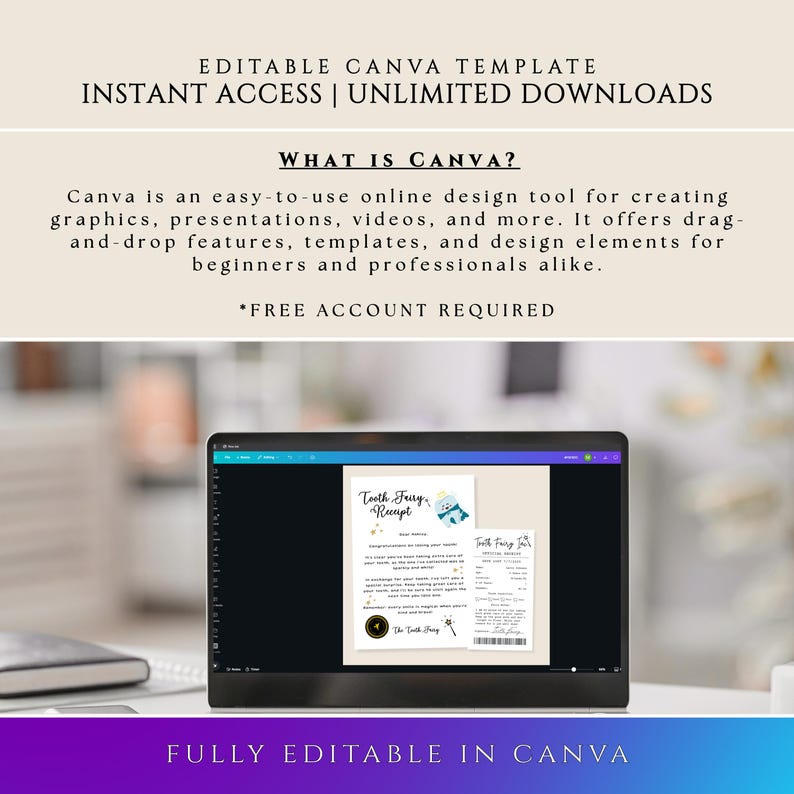 Puede incluir: Una computadora port&aacute;til muestra una plantilla de Canva para un recibo del Hada de los Dientes. La pantalla muestra el texto "Tooth Fairy Receipt" y otros detalles. La imagen tambi&eacute;n incluye el texto "EDITABLE CANVA TEMPLATE" y "INSTANT ACCESS | UNLIMITED DOWNLOADS".