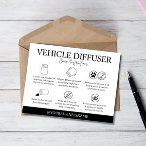 Op de afbeelding: Zwart-witte instructies voor een autodiffuser. De instructies omvatten hoe je de diffuser gebruikt, hoe je morsen voorkomt en hoe je hem buiten het bereik van kinderen houdt. De tekst bevat de zinnen "Autodiffuser" en "Verzorgingsinstructies".