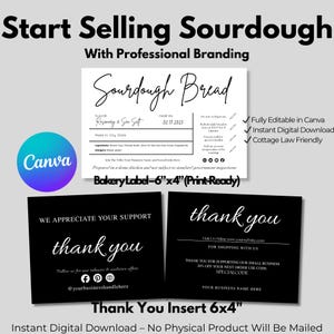 Puede incluir: Paquete de productos digitales para panaderos de masa madre, con una etiqueta de panader&iacute;a (15 cm x 10 cm) e insertos de agradecimiento. Dise&ntilde;o en blanco y negro, con plantillas editables en Canva y descarga instant&aacute;nea.