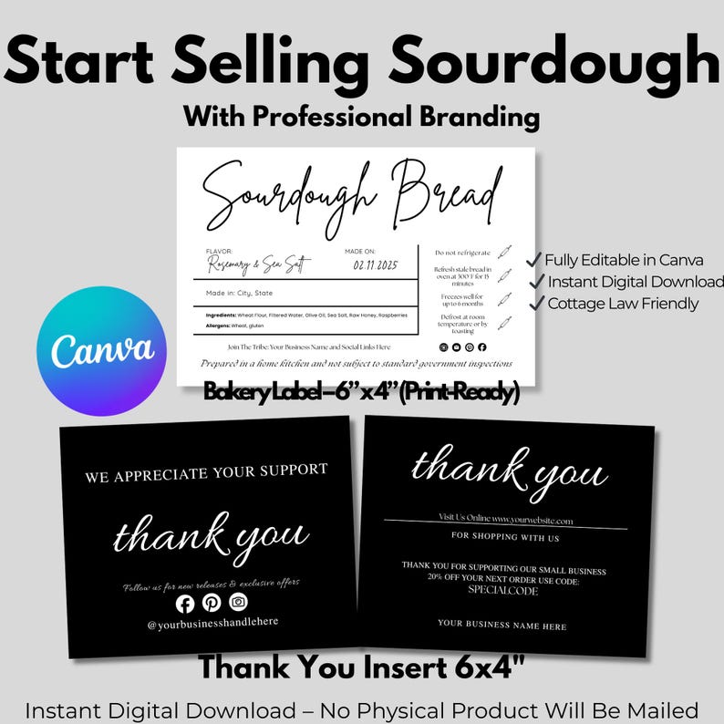 Puede incluir: Paquete de productos digitales para panaderos de masa madre, con una etiqueta de panader&iacute;a (15 cm x 10 cm) e insertos de agradecimiento. Dise&ntilde;o en blanco y negro, con plantillas editables en Canva y descarga instant&aacute;nea.
