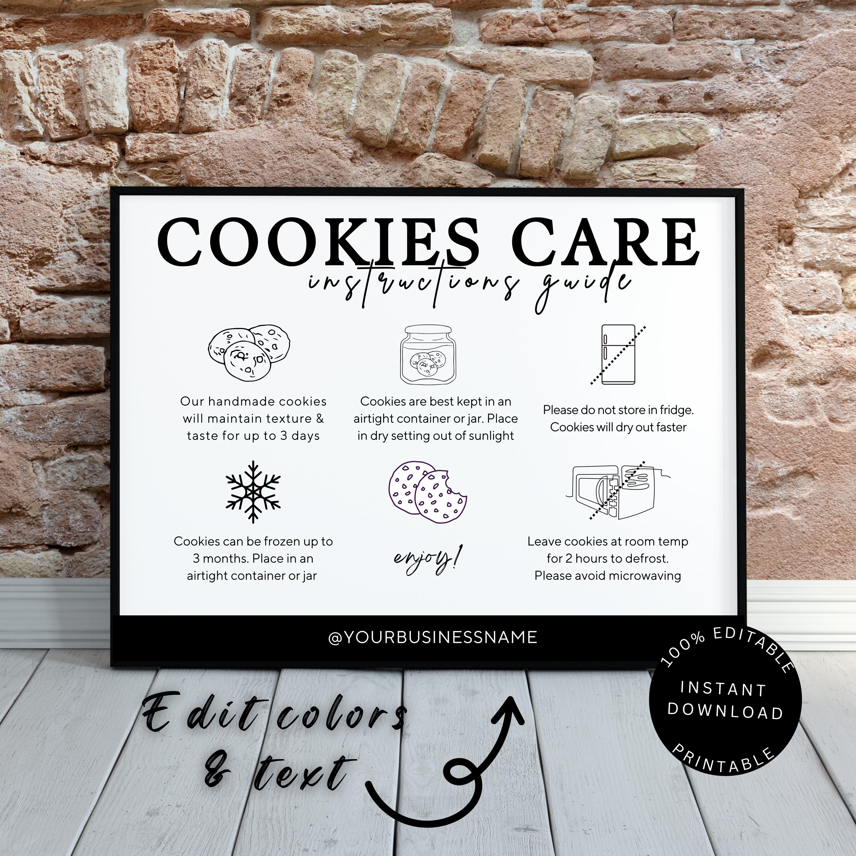 Printable Cookies Care Cards, Cookie Insert Guide, Bakery Business Guide, Product Care Instructions, Cookies Care Card Canva Template