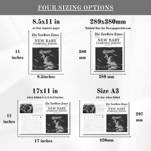 Puede incluir: Cuatro opciones de tama&ntilde;o diferentes para un anuncio de nacimiento en un peri&oacute;dico. El anuncio presenta una imagen de ultrasonido en blanco y negro y el texto "The NewBorn Times" y "New Baby Coming Soon!" Los tama&ntilde;os son 8,5x11 pulgadas, 289x380 mm, 17x11 pulgadas y A3.