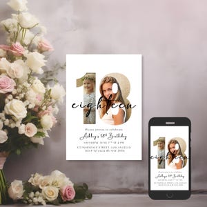 May include: An invitation for Ashley's 18th birthday. The design features the number 18 with photos of Ashley, the word "eighteen", and event details: Saturday, June 7th at 4 PM, 123 Marydale Street, Los Angeles. RSVP by May 29th.