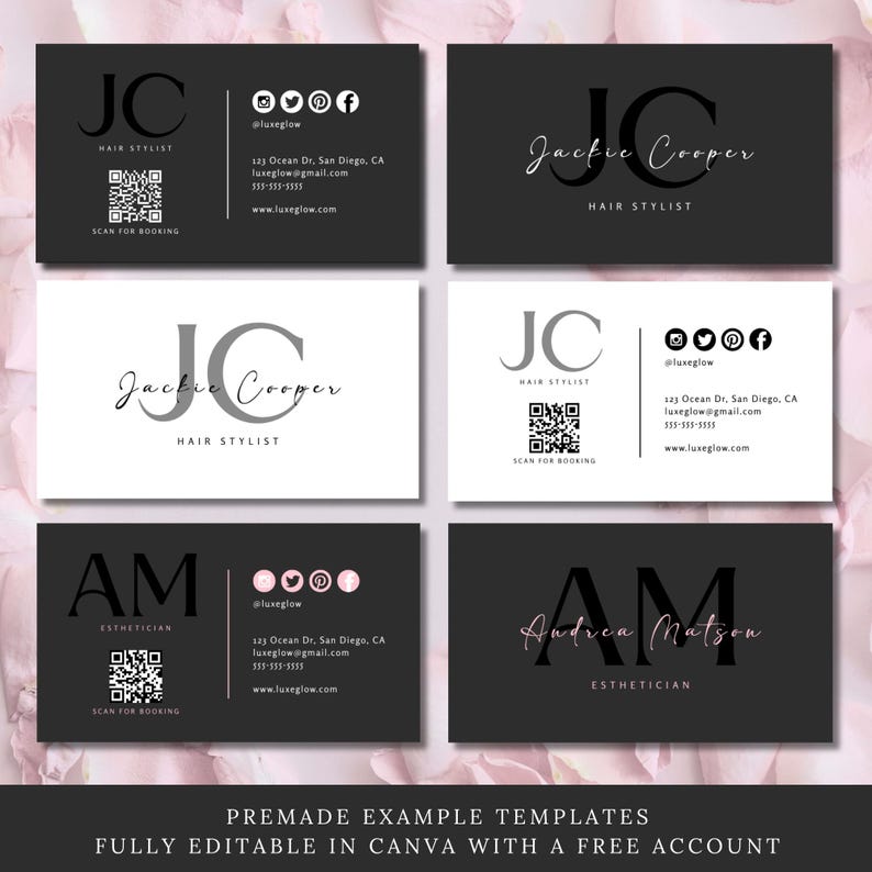 May include: Business cards with a black and white design, featuring the initials "JC" and "AM", along with contact information and QR codes. The cards are for a hair stylist and an esthetician. The text "SCAN FOR BOOKING" is also visible.