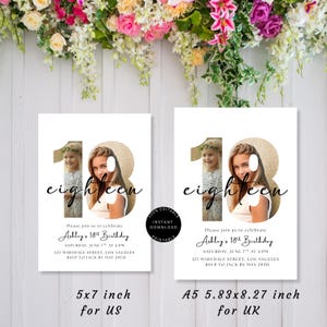 May include: Two white invitation cards with the number 18 and the word "eighteen" in script. Each card features a photo of a young woman. The text reads "Ashley's 18th Birthday" with event details. One card is 5x7 inches.