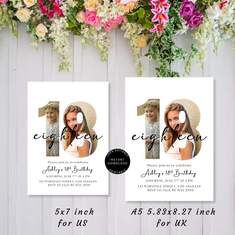 May include: Two white invitation cards with the number 18 and the word "eighteen" in script. Each card features a photo of a young woman. The text reads "Ashley's 18th Birthday" with event details. One card is 5x7 inches.