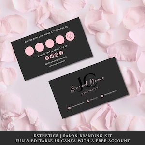 Może przedstawiać: Dwie czarne wizytówki z różowymi akcentami i tekstem. Jedna karta głosi "Skorzystaj z 30% zniżki na 5. zakup" i "Ważne do maja | 2026". Druga karta wyświetla "Brand Name" i "Occupation".